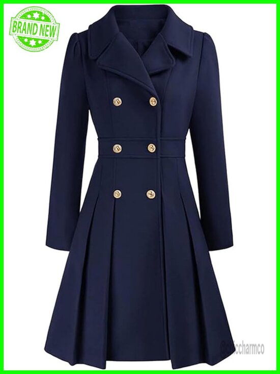 Jackets & Blazers - Double Breasted Trench Coat Notch Lapel A-Line Pleated Wool Blend Pea Coat